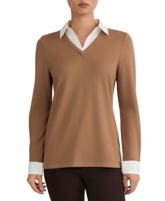 Jones New York женский свитер из поплина с воротником и длинным рукавом, комбинированный