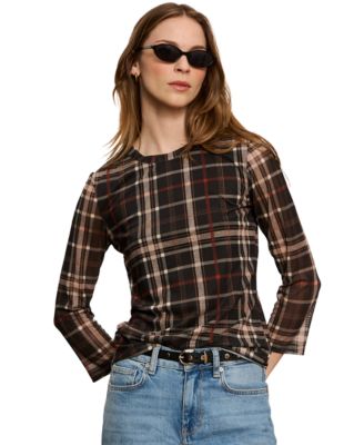 Sanctuary Women's Plaid Mesh 3/4 Sleeve Top