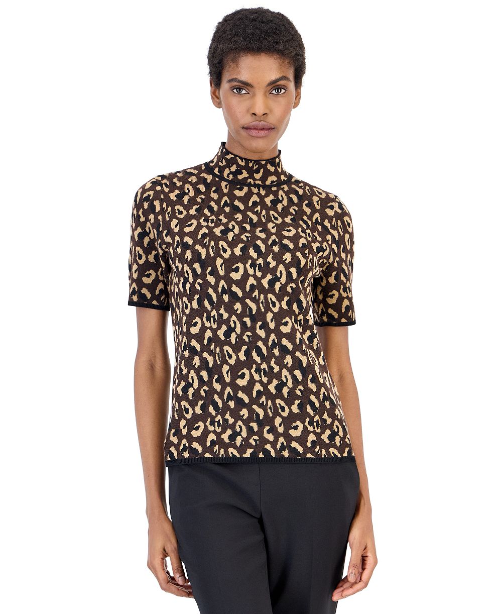 Anne Klein Petite Animal-Print Mock-Neck Short-Sleeve Sweater