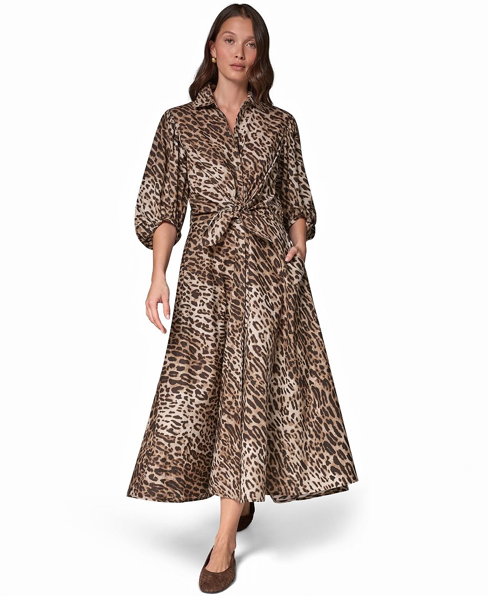 Женское платье-рубашка Donna Karan Weekend миди с леопардовым принтом, вуалевой тканью и рукавами-коконом
