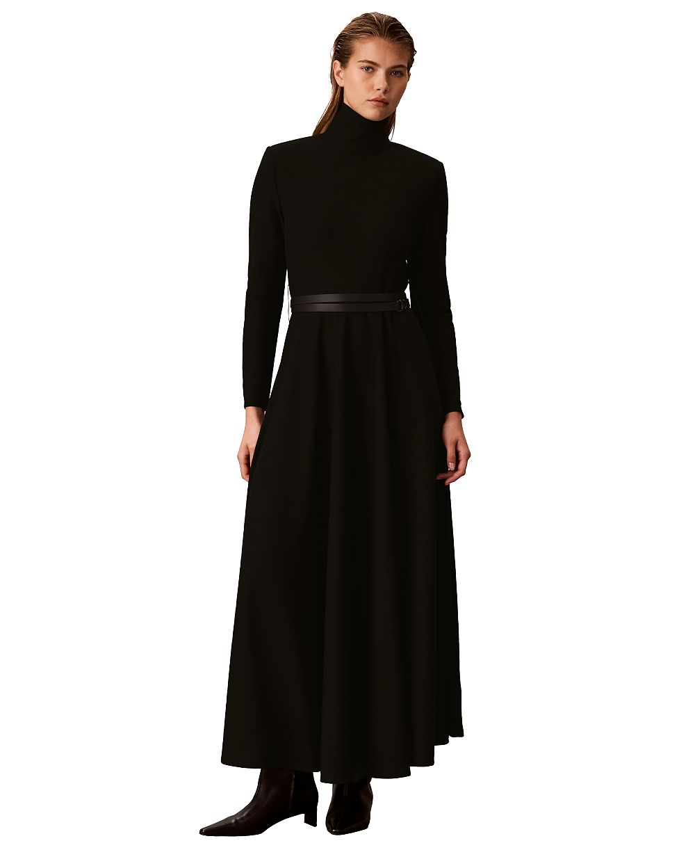 Calvin Klein Petite Belted Long-Sleeve Turtleneck A-Line Dress