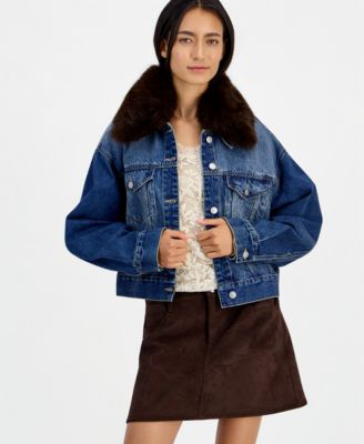 And Now This Women's Removable Faux-Fur Collar Denim Cropped Jacket, Macy's Exclusive