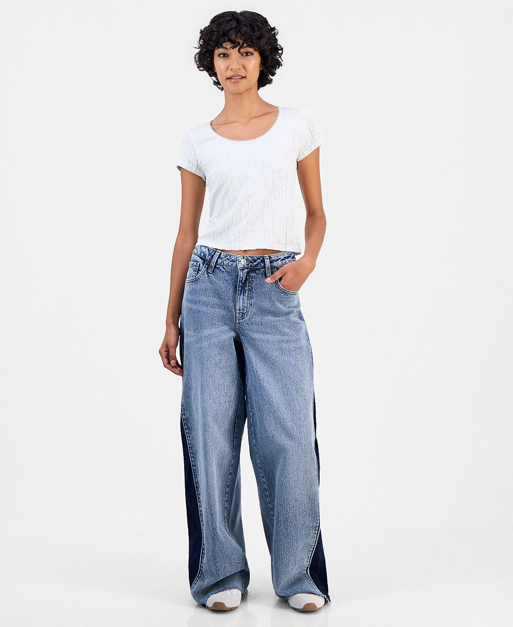 Celebrity Pink Juniors' Mid Rise Contrast Panel Wide-Leg Jeans