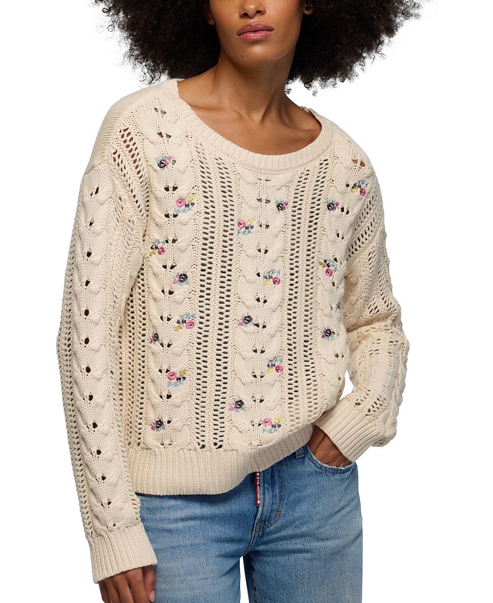Lucky Brand Women's Floral-Embroidered Cable-Knit Crewneck Sweater