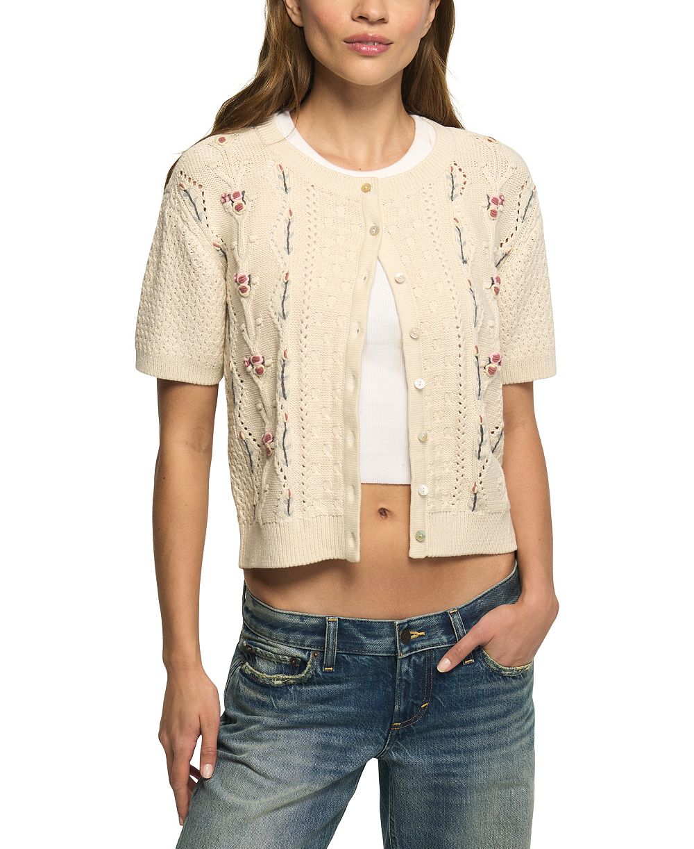 Женский укороченный кардиган Lucky Brand Rosette Button Up Short-Sleeve Cable-Knit