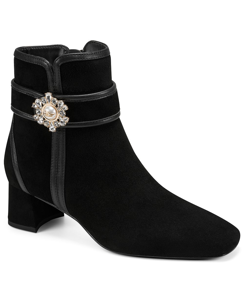 KARL LAGERFELD PARIS Women's Serafina Embellished-Buckle Block-Heel Leather Booties