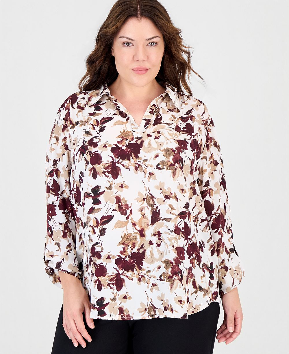 Anne Klein Essentials Plus Size Floral Roll-Tab V-Neck Blouse