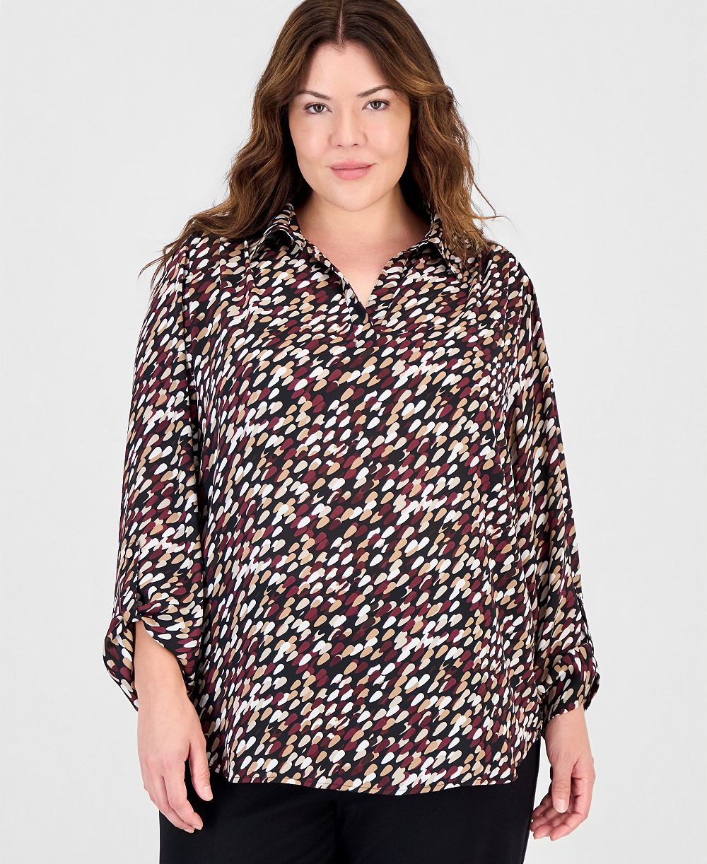 Anne Klein Essentials Plus Size V-Neck Long Roll-Tab Sleeves Blouse