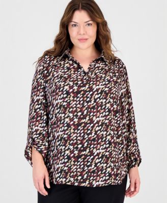 Anne Klein Essentials Plus Size V-Neck Long Roll-Tab Sleeves Blouse