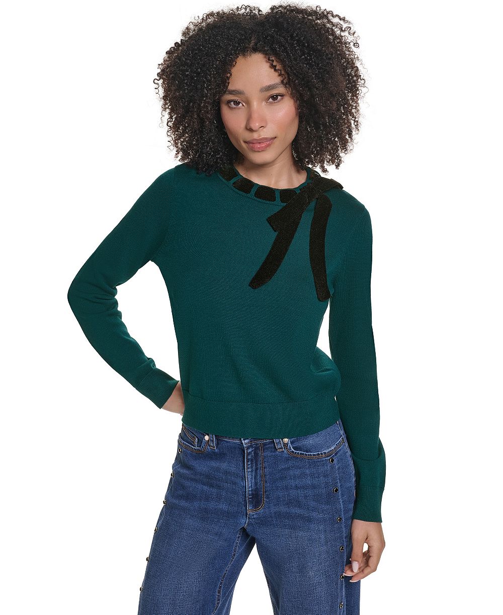 KARL LAGERFELD PARIS Petite Bow Front Crewneck Fitted Sweater
