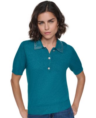 KARL LAGERFELD PARIS Petite Embellished Short-Sleeve Polo Shirt