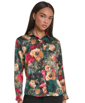 KARL LAGERFELD PARIS Petite Satin Floral Long-Sleeve Blouse