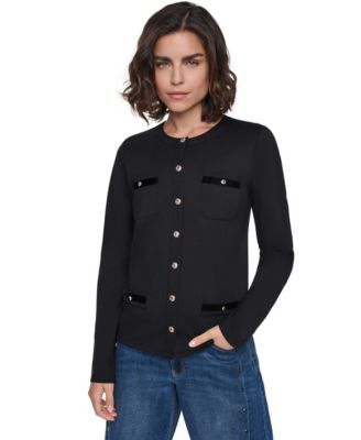 KARL LAGERFELD PARIS Petite Long-Sleeve Button-Up Crewneck Top