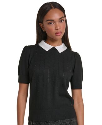 KARL LAGERFELD PARIS Petite Collared Short Sleeve Sweater