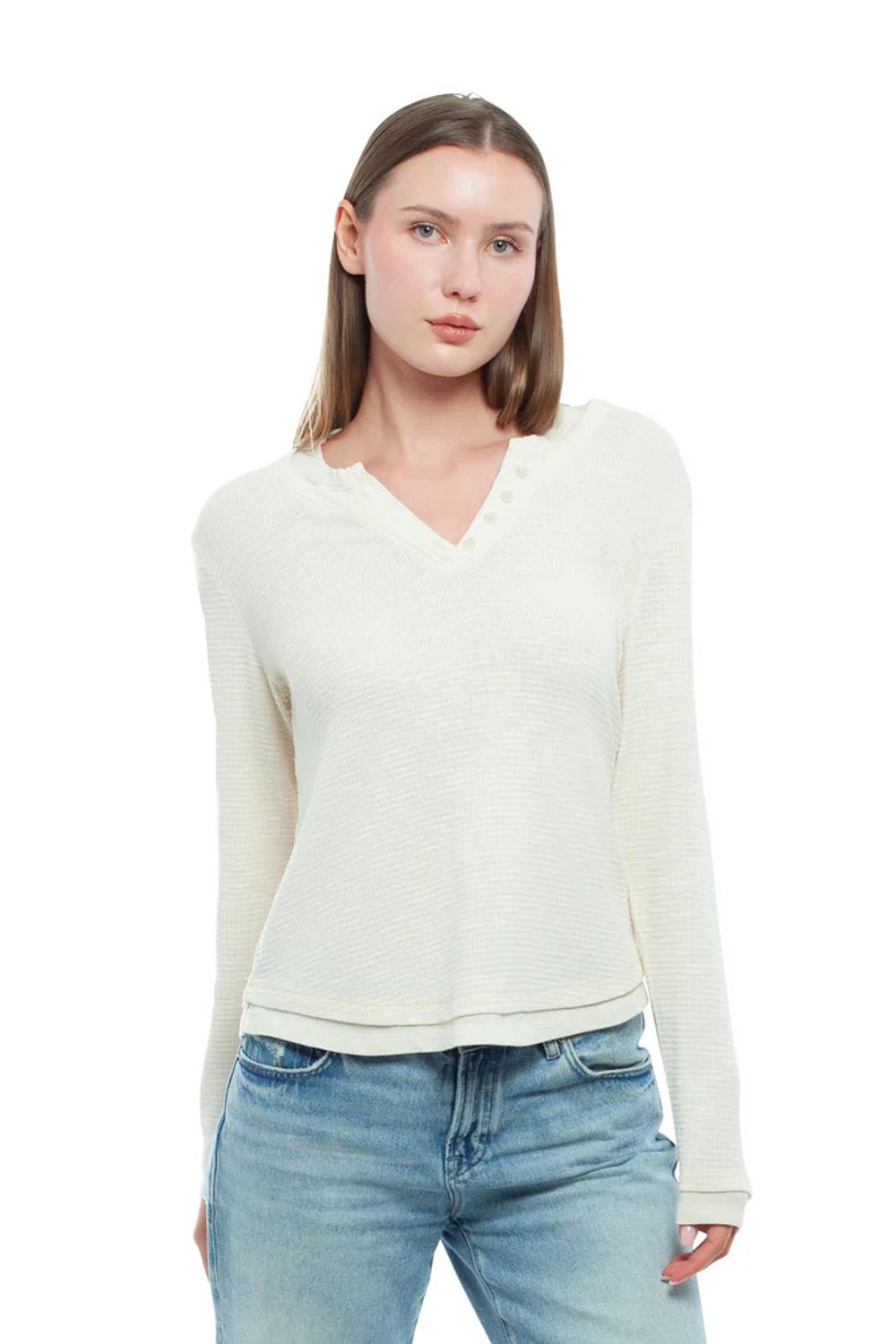 WILT Women's Long Sleeve Henley Mock Tee