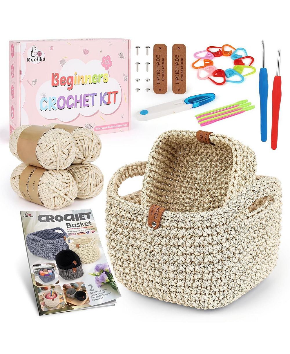 Aeelike 27Pieces Crochet Basket Kit - Complete Knitting Starter Set with Instructions for Adults