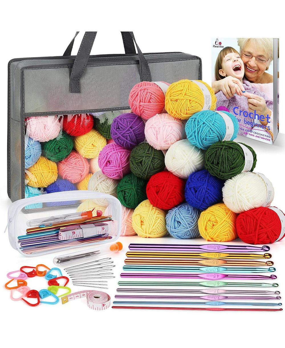 Aeelike Crochet Yarn Kit - 1093 Yards Acrylic Yarn for Knitting, Full Crochet Kit for Beginners with Aluminum Crochet Hooks, Instruction Book