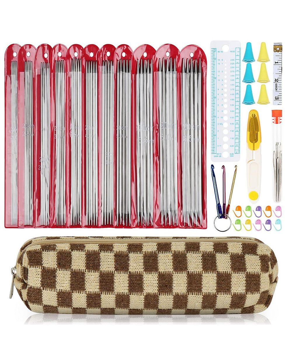 Aeelike 55-Piece Double Pointed Knitting Needles Set - Short Knitting Needles for Beginners - 11 Sizes Stainless Steel Metal Knitting Needle Set