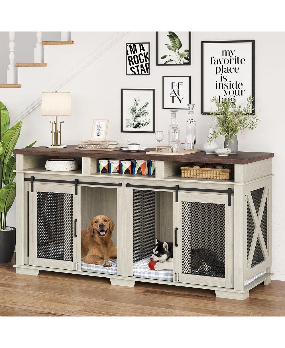 gaomon 71'' Heavy Duty Double Dog Crate Coffee Table - Pet Kennel with 3 Storage Drawers, Removable Divider, Sliding Barn Door - Extra Large TV Stand