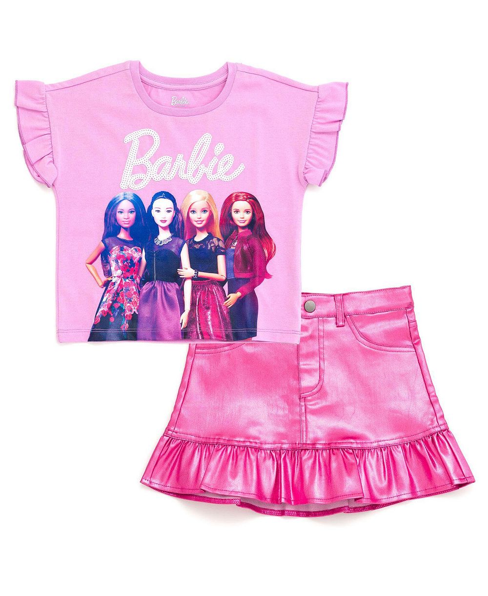 Девочковый комплект из футболки с пайетками и металлической юбки Barbie, 5-16 лет