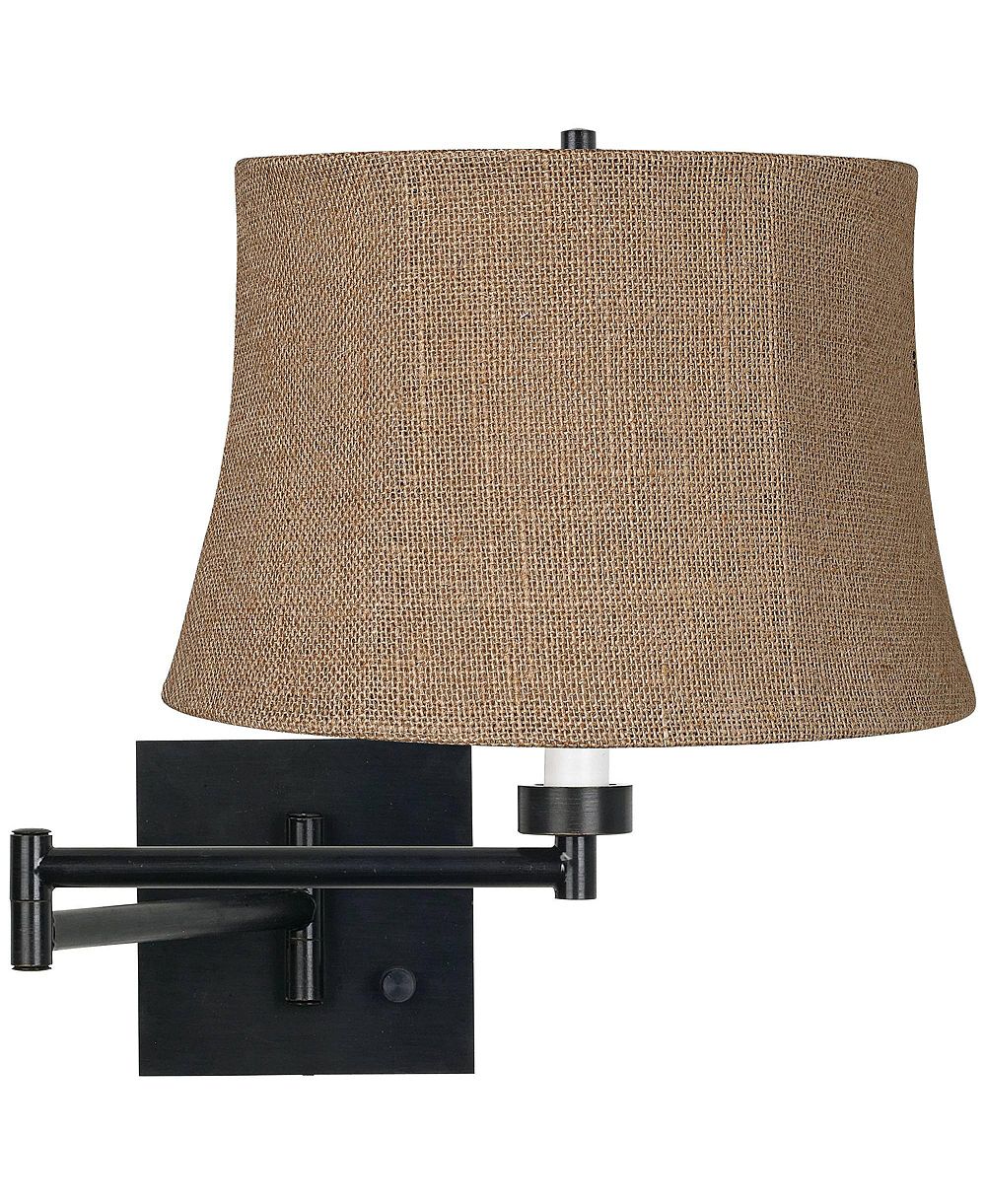 Franklin Iron Works Farmhouse Swing Arm Wall Lamp Espresso Plug-in 12" Light Fixture Burlap Drum Shade for Bedroom Bedside