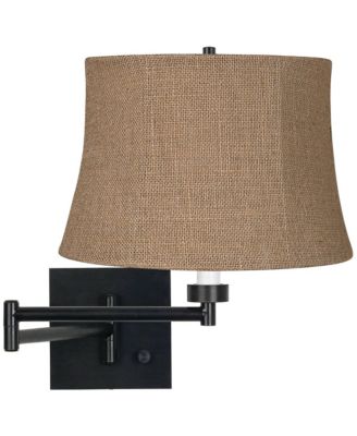 Franklin Iron Works Farmhouse Swing Arm Wall Lamp Espresso Plug-in 12" Light Fixture Burlap Drum Shade for Bedroom Bedside