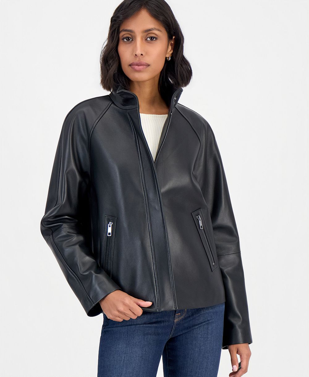 Calvin Klein Women's Leather Stand-Collar Zip-Up Jacket, Created for Macy's