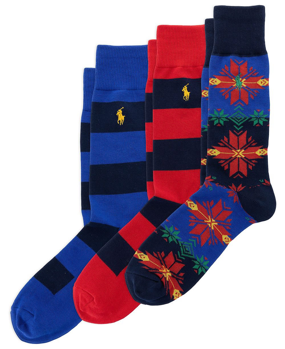 Polo Ralph Lauren Men's Snowflake Stripe Ribbed-Cuff Crew Socks, 3-Piece Set