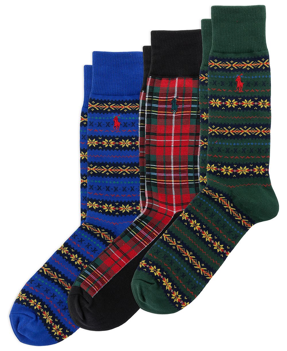 Polo Ralph Lauren Men's Fair Isle and Plaid Cotton-Blend Crew Socks, 3-Piece Gift Box