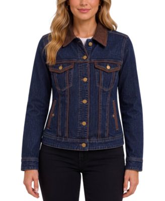 Liverpool Los Angeles Women's Crosshatch Stretch Denim Velvet-Trim Dark-Wash Jacket