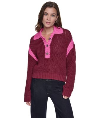 DKNY Jeans Women's Henley Colorblock Drop-Shoulder Sweater