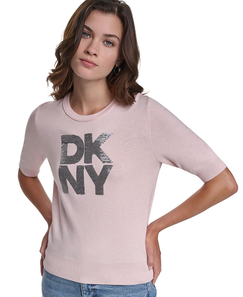 DKNY Jeans Women's Sequin Logo Elbow-Sleeve Sweater
