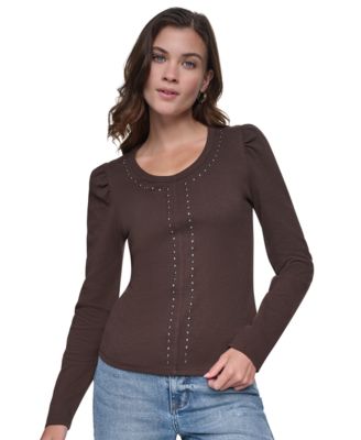 Женский топ DKNY Jeans с глубоким вырезом и длинными рукавами-фонариками, стразы, хлопок