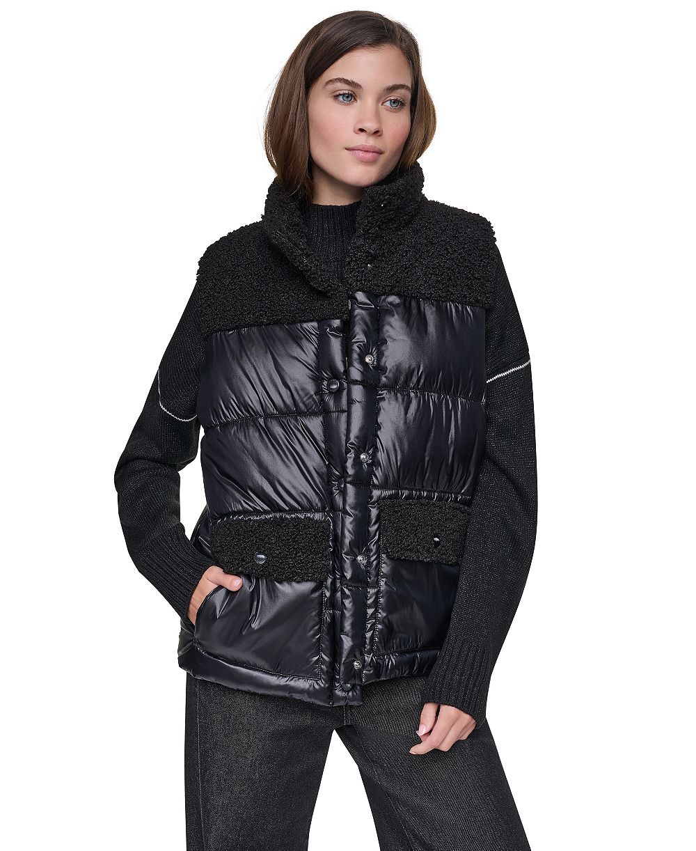 DKNY Jeans Women's Sherpa Mix Mock Neck Quilted Vest