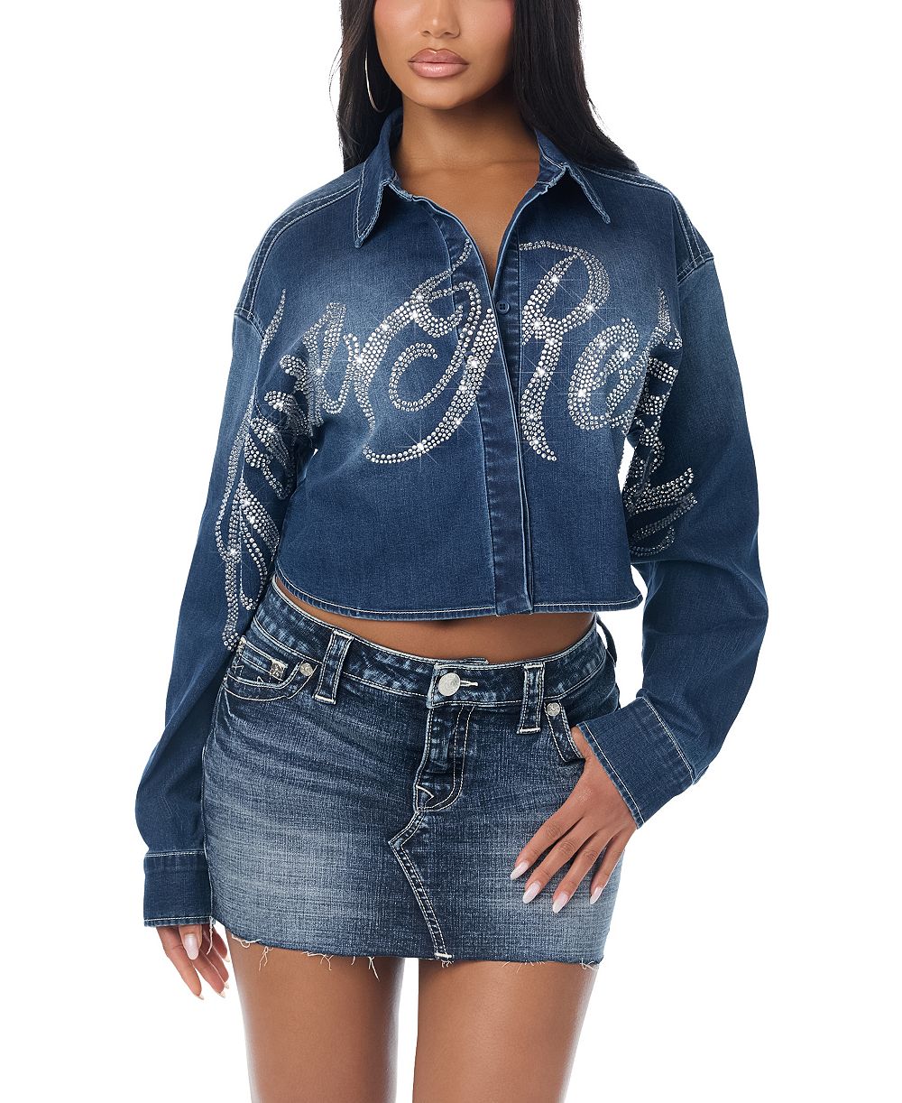 Женская джинсовая рубашка True Religion с длинным рукавом, укороченным кроем и стразами