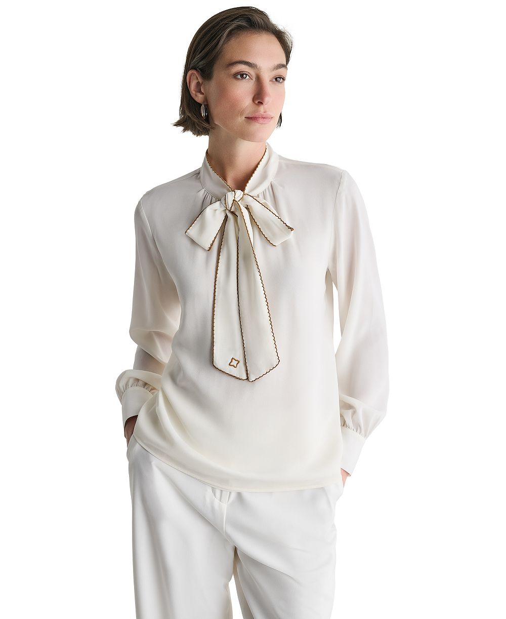 BCBG Women's Tie-Neck Embroidered Back-Keyhole Blouse