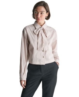 BCBG Women's Long-Sleeve Striped Tie Neck Blouse