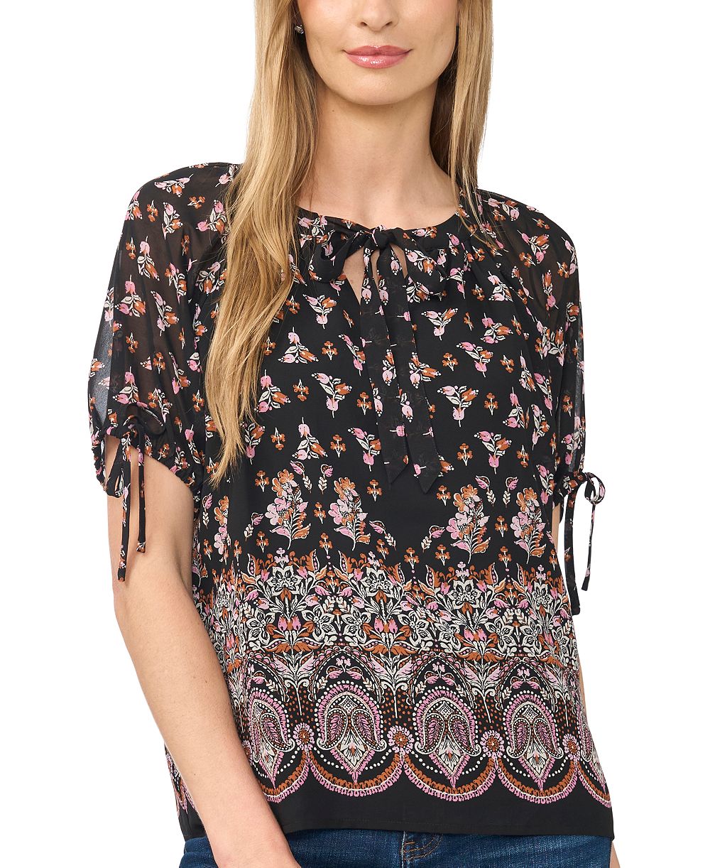 Женская блузка CeCe Women's Puff Raglan Short-Sleeve Tie Neck Floral-Print Blouse