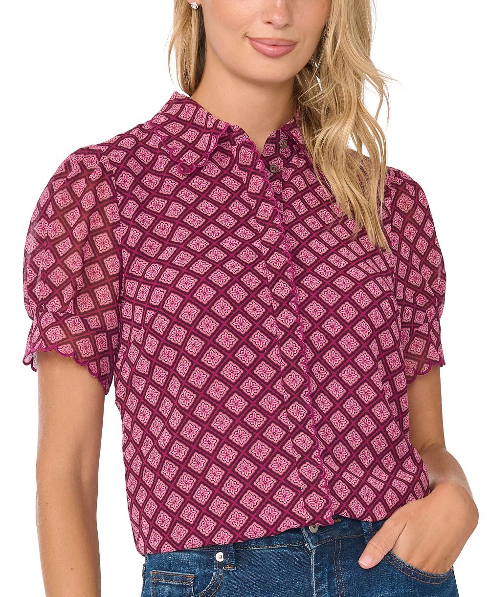 CeCe Women's Short-Sleeve Scallop Trim Button-Up Blouse
