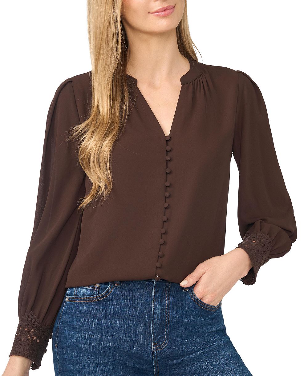 CeCe Women's Long-Sleeve V-Neck Lace-Cuff Blouse