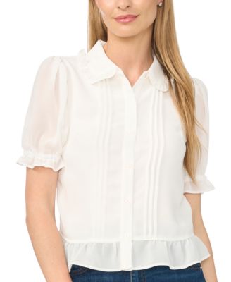 CeCe Women's Short-Sleeve Cropped Buttoned Top With Ruffle Collar and Pintucks Blouse