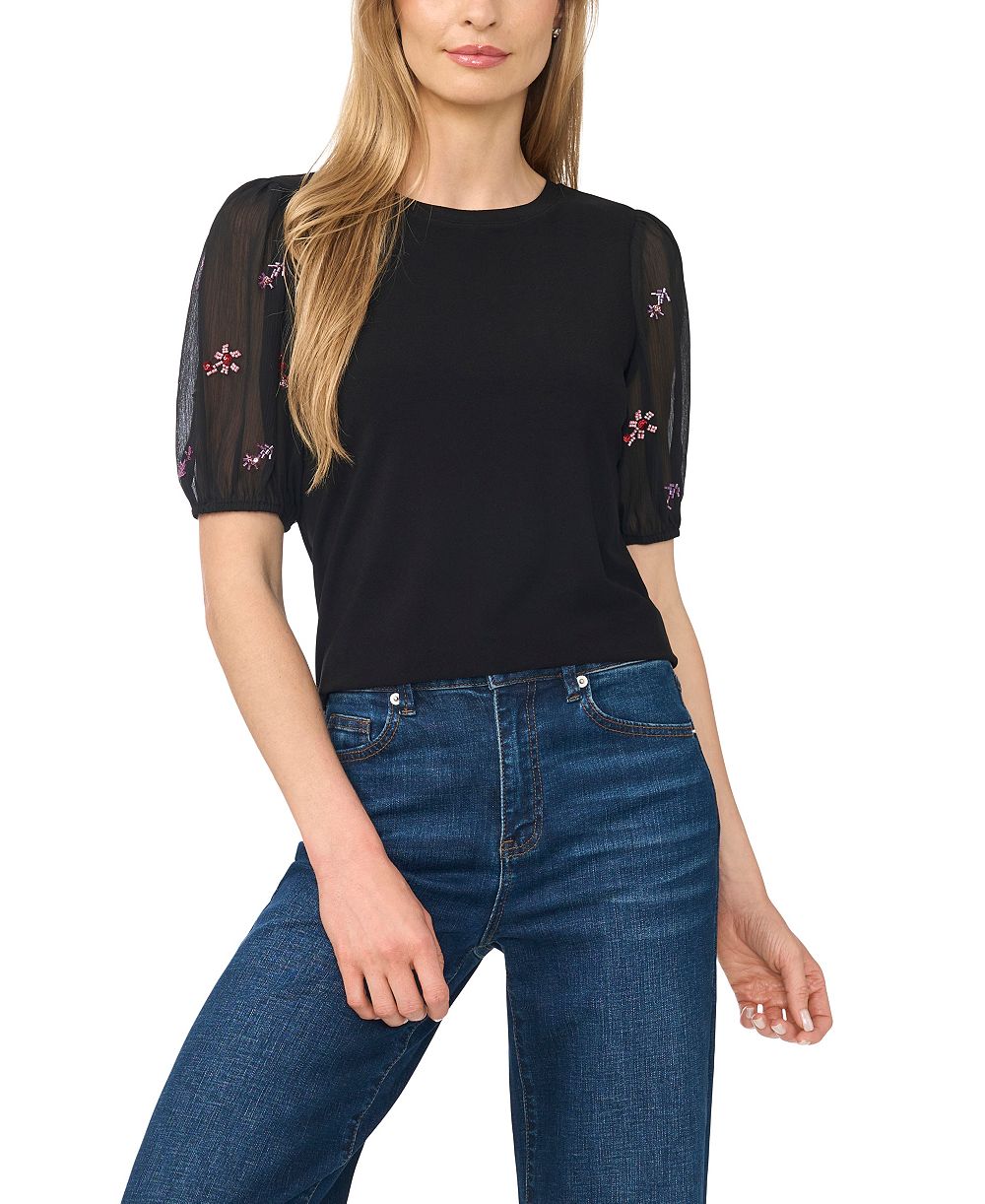 CeCe Women's Beaded Short-Sleeve Mixed-Media Crew Neck Blouse