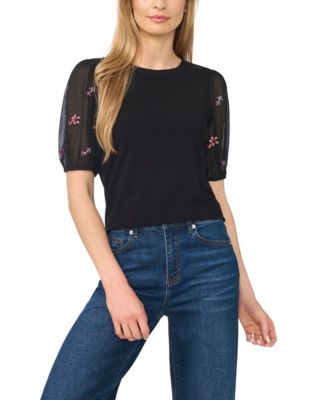 CeCe Women's Beaded Short-Sleeve Mixed-Media Crew Neck Blouse