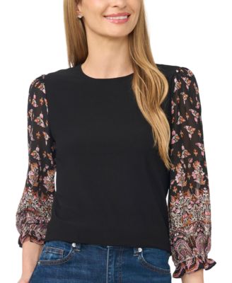 CeCe Women's Mixed Media Crewneck Long-Sleeve Puff-Sleeve Blouse