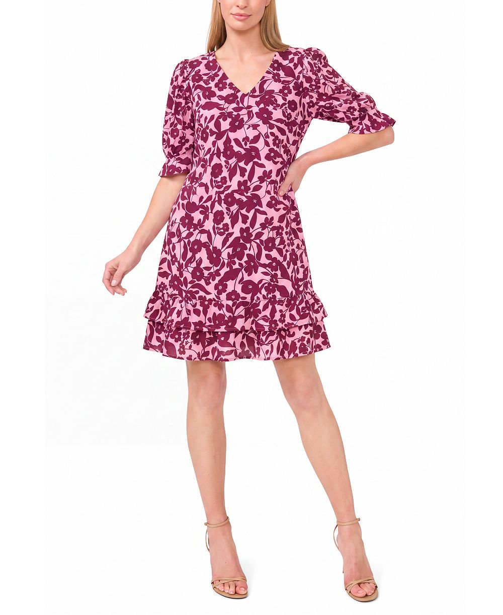 CeCe женское платье с V-образным вырезом, коротким рукавом и ярусными рюшами