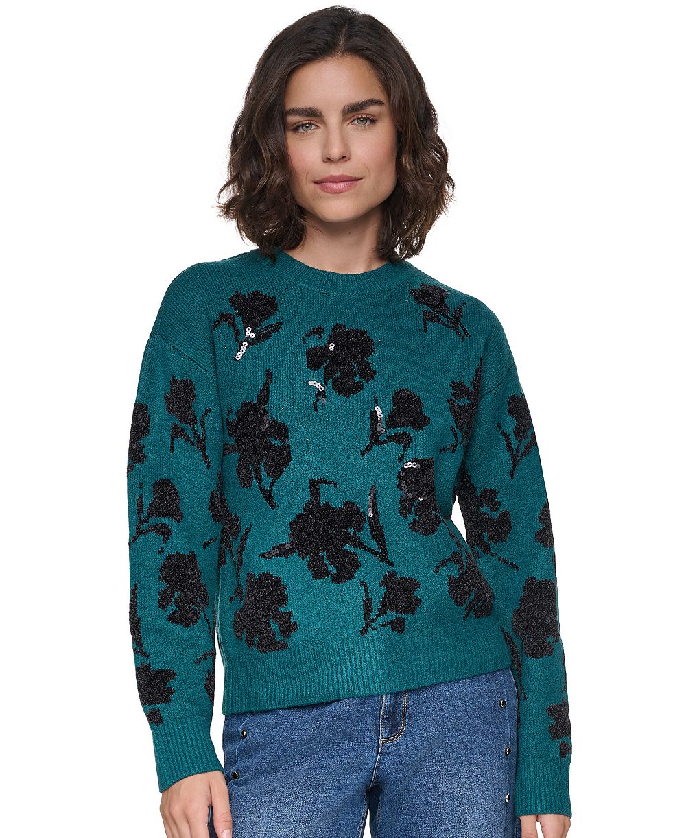 KARL LAGERFELD PARIS Petite Floral Sequin Crewneck Pullover Sweater