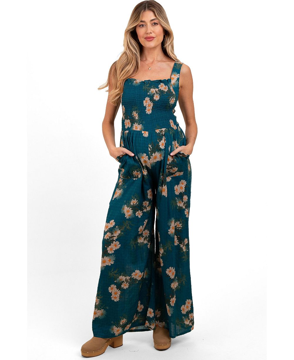 Pinkblush Maternity Teal Floral Smocked Jumpsuit