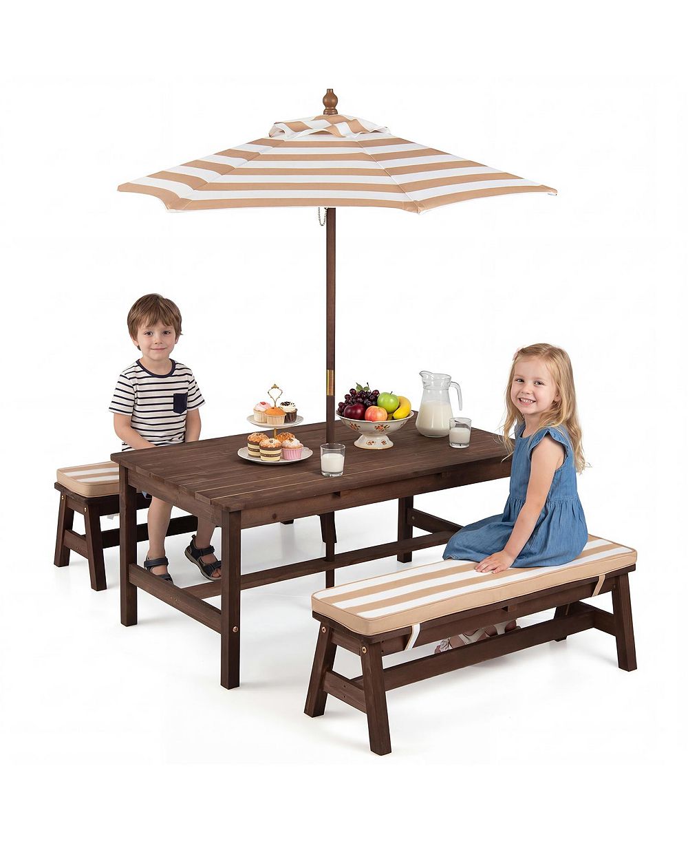 Gymax Детский Picnic Table Outdoor Wooden Table and Bench Set with Removable Umbrella