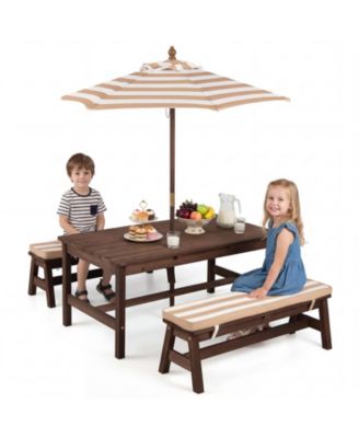 Gymax Детский Picnic Table Outdoor Wooden Table and Bench Set with Removable Umbrella