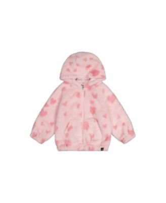 Deux par Deux Toddler Girls 2T-5T Hooded Full Zip Faux Fur Jacket Printed with Hearts